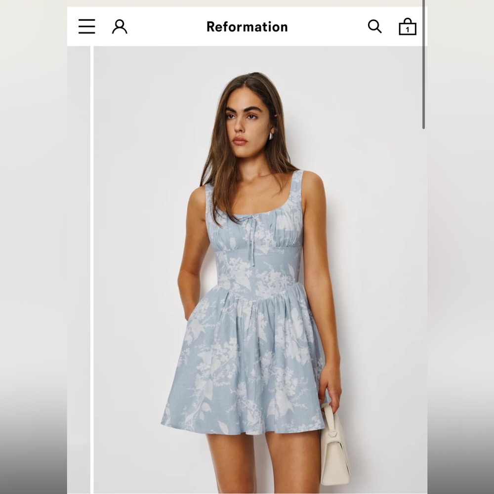 Reformation Daria Linen Mini Dress Size 6 - Blue Floral Print; Angelic